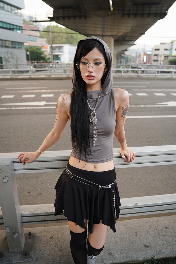 Me愛 - Slim hood sleeveless (CREAM/GRAY)