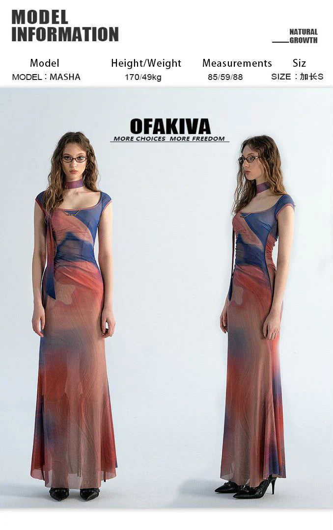 [Stock] OfAkiva“スーパースターエスケープ”サンセットオイルペインティングプリントドレスフィメールサマーフローラルスカート