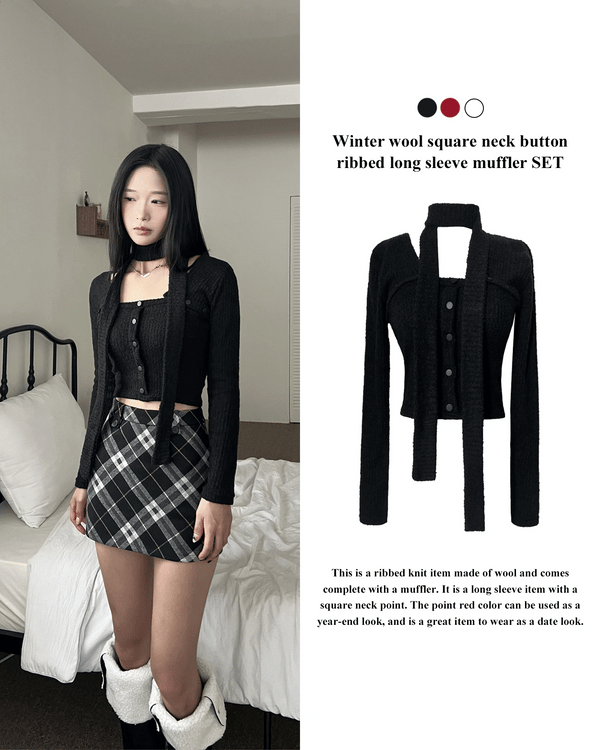 ウィンターウールスクエアネックボタンリブロングスリーブマフラーセット (3 colors)