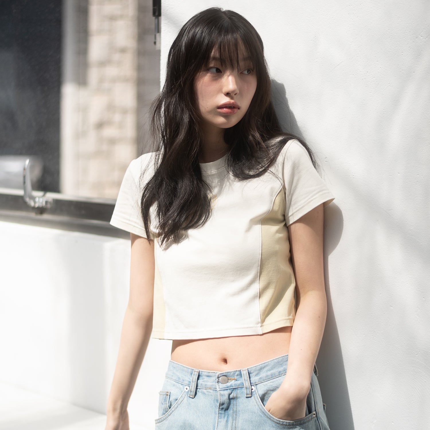 COLOR BLOCK CROP S/S TEE(SAGE)