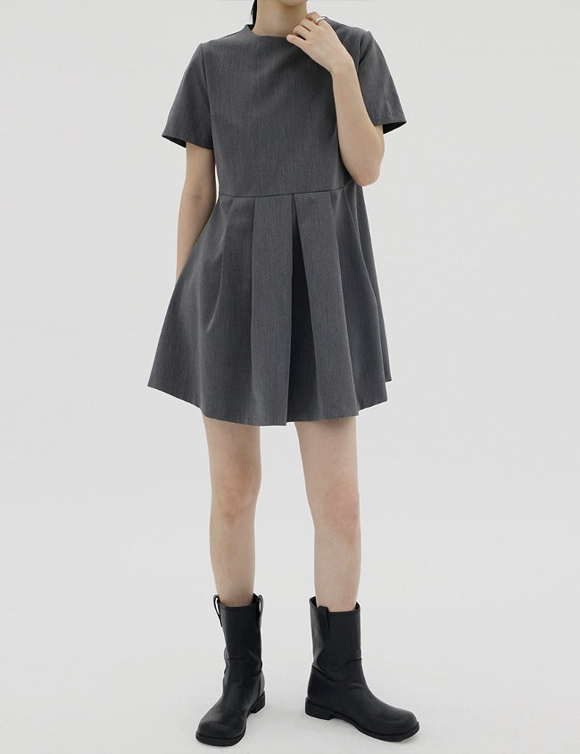 Pleats Mini Short Sleeve Dress (3color)