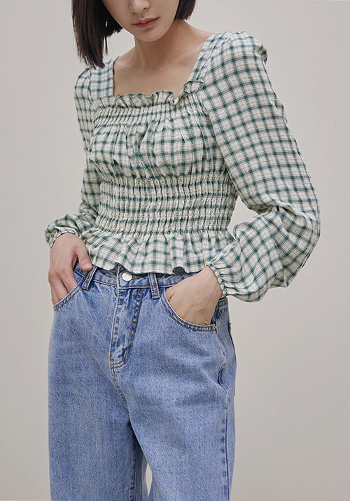 (BL-4035) Checkered Smoking Square Blouse