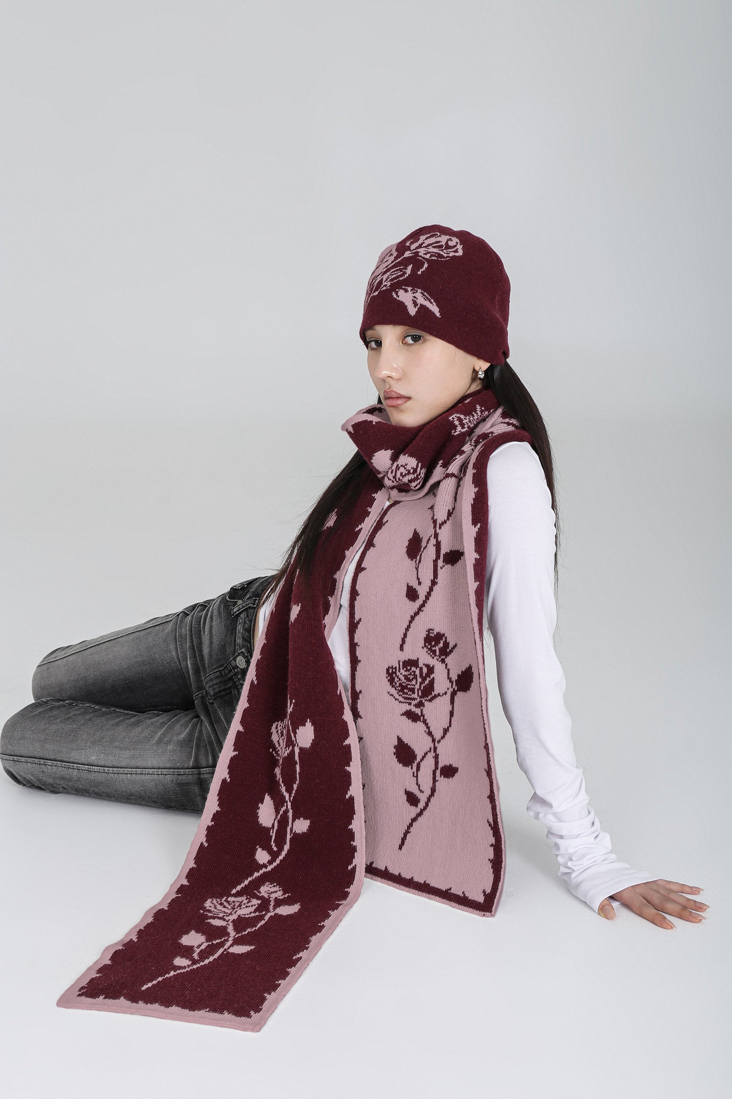 ROSE JACQUARD SCARF #WINE