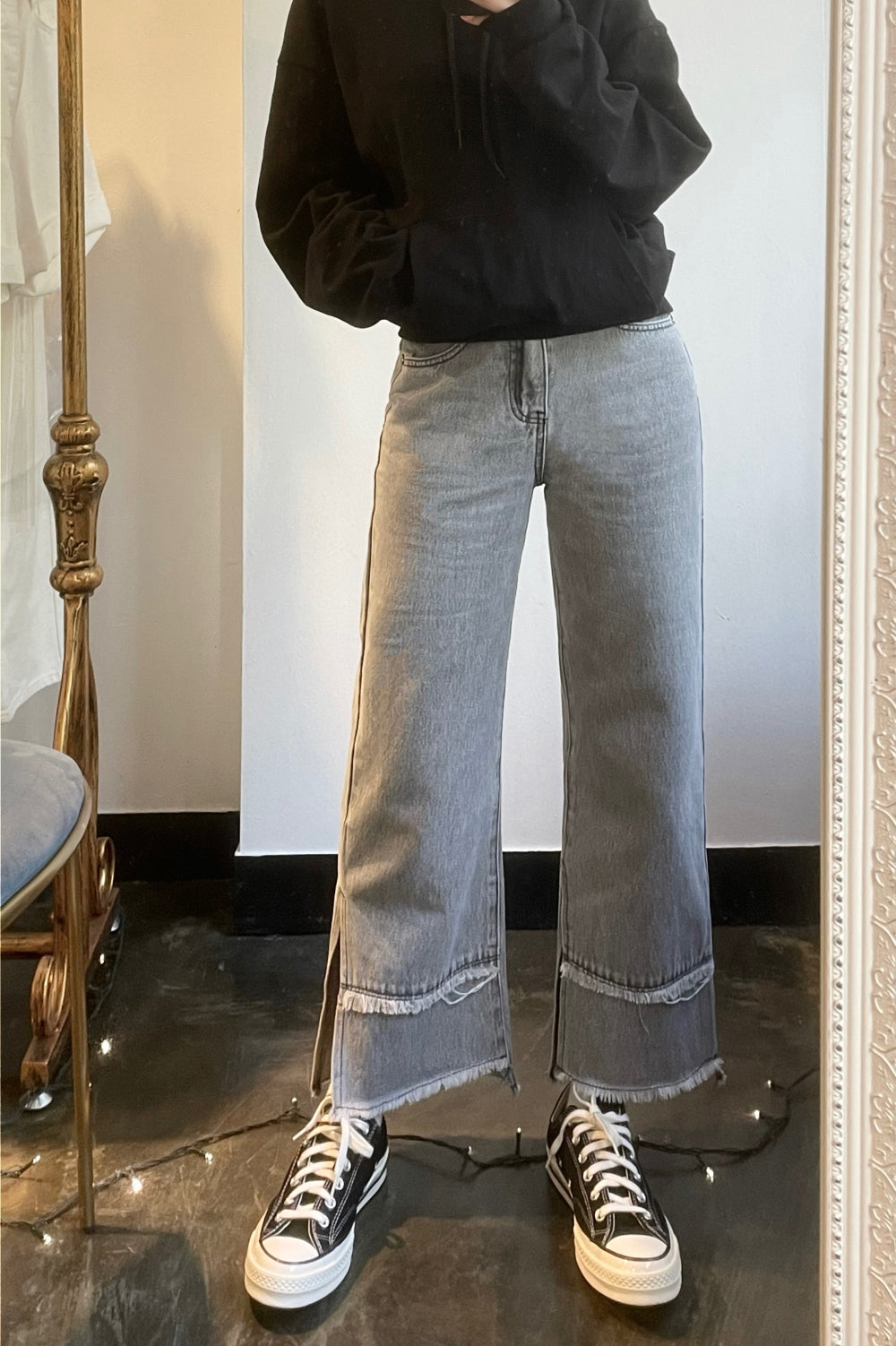 SEMI WIDE FIT SINGLE DIRECTION SLIT GREY DENIM PANTS [17713]