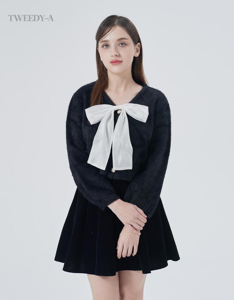 Black Pong Pong Lovely Ribbon Soft Cardigan