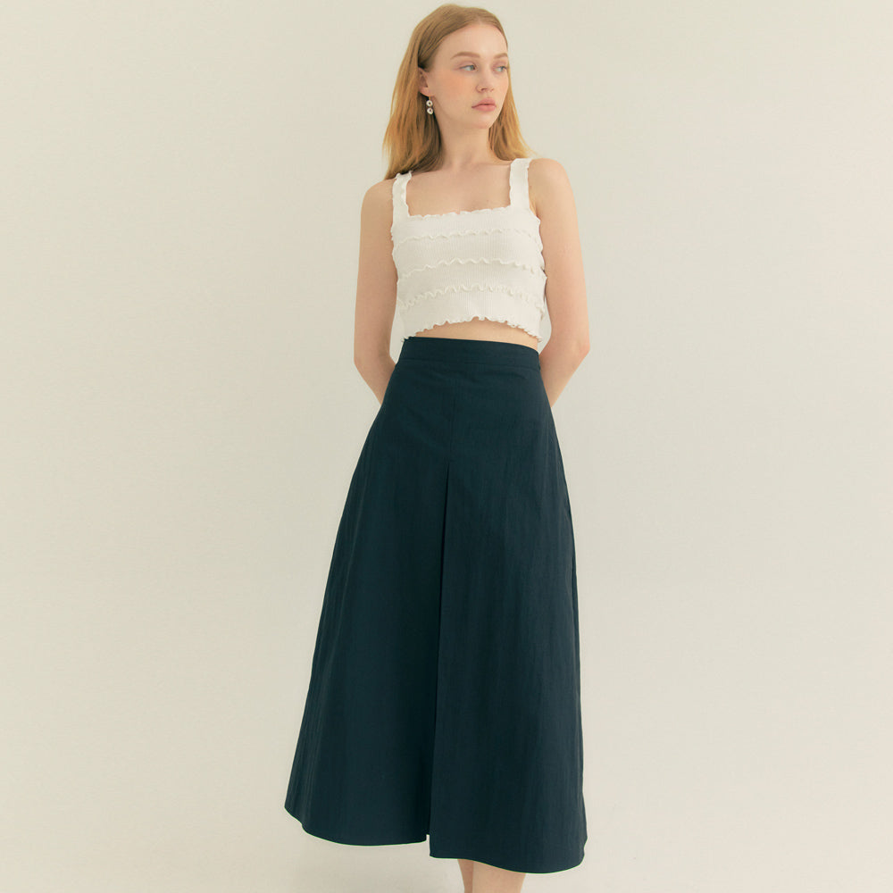 Cotton Pleats A-Line Long Skirt (Black)