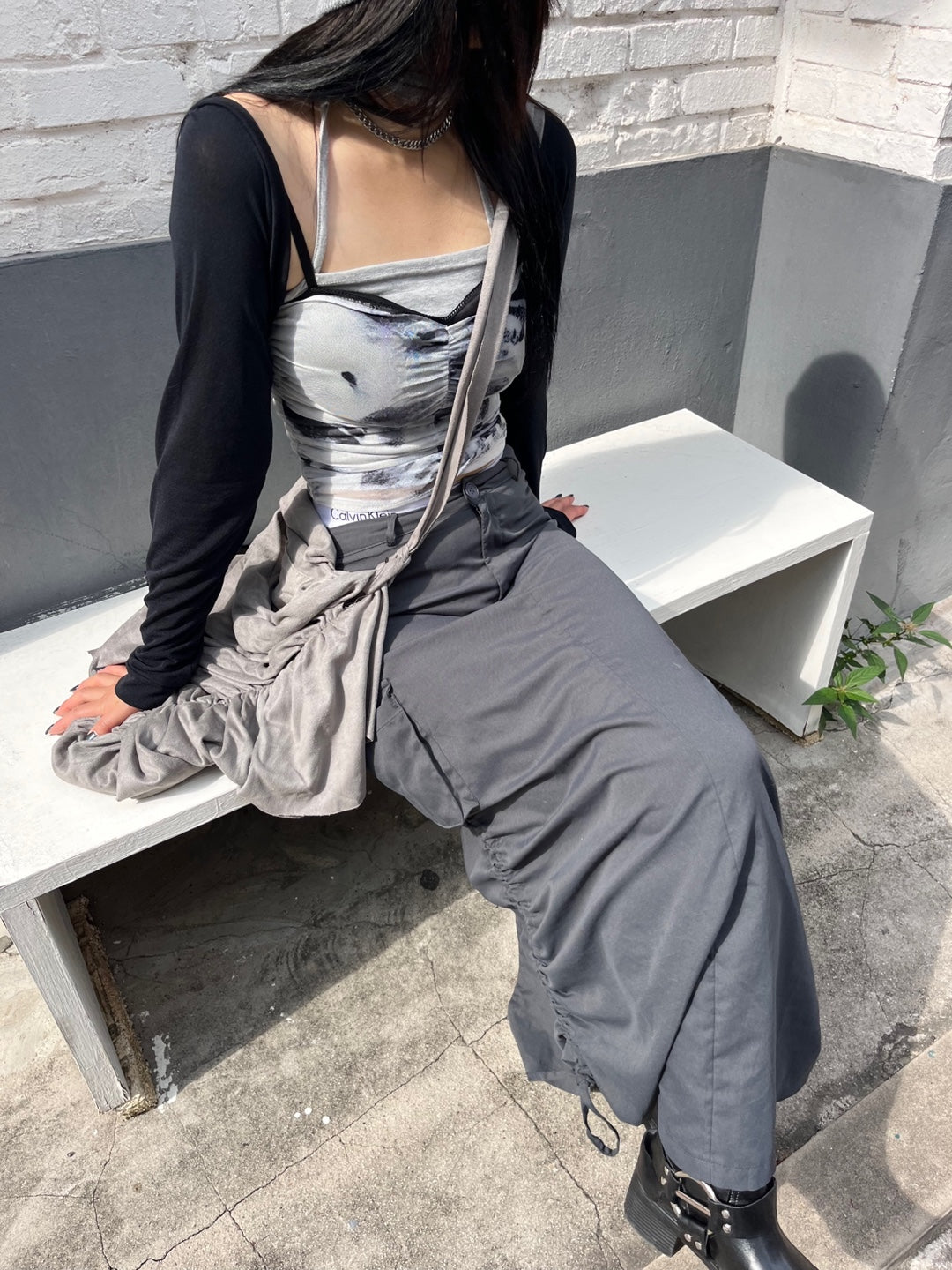 :Cargo shirring detail back slit long skirt