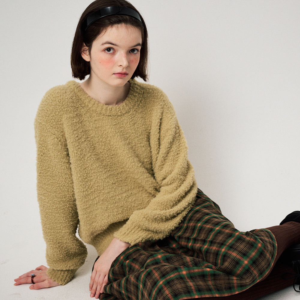 FLUFFY KNIT PULLOVER, MOS GREEN