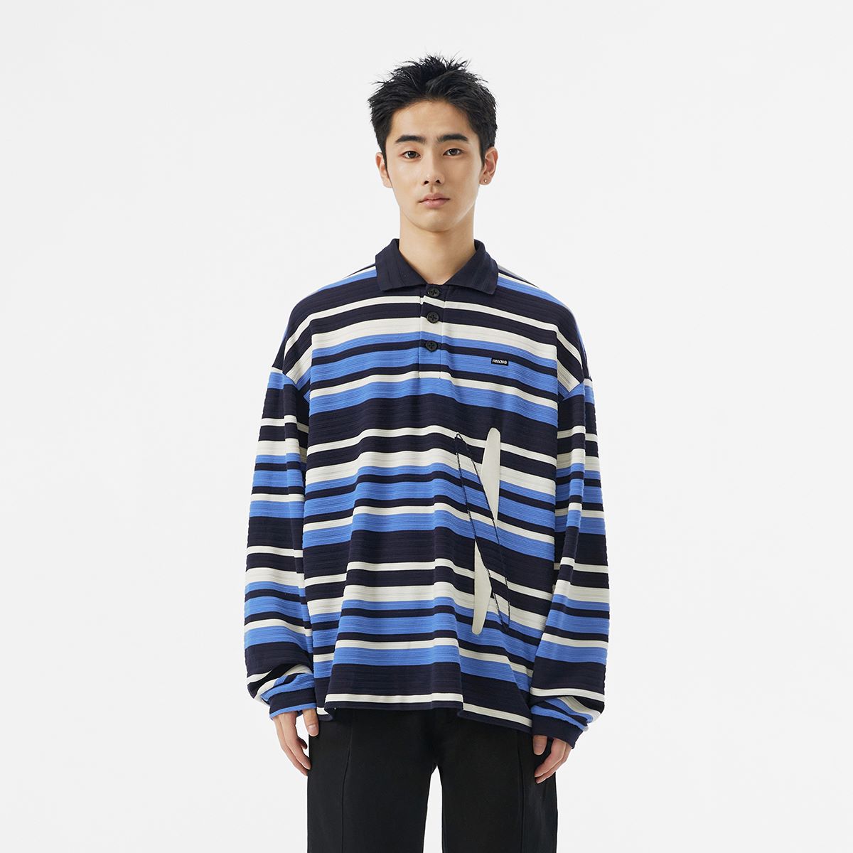 FMACM 23AW Striped Long Sleeve Mismatched Collage Polo Shirt