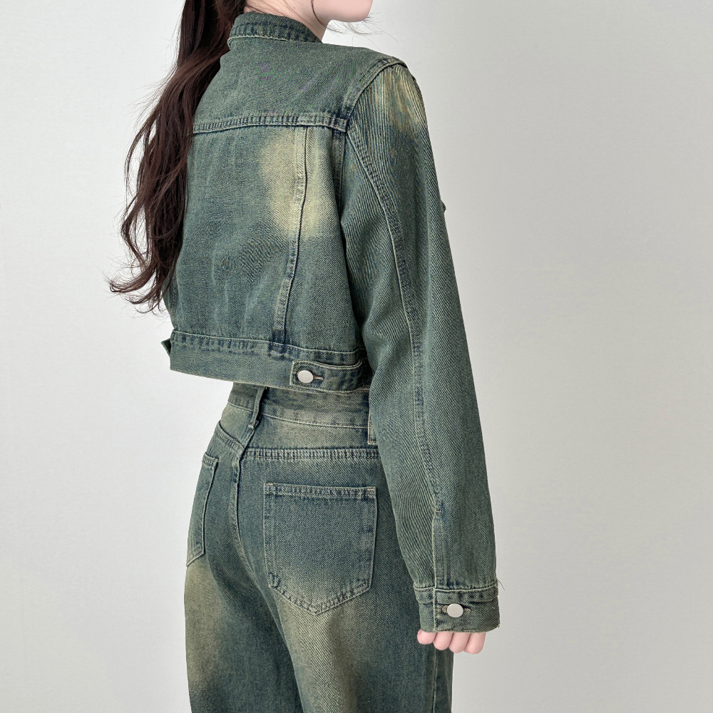 (SET) Washed Denim Crop Jacket Wide Pants Two Piece