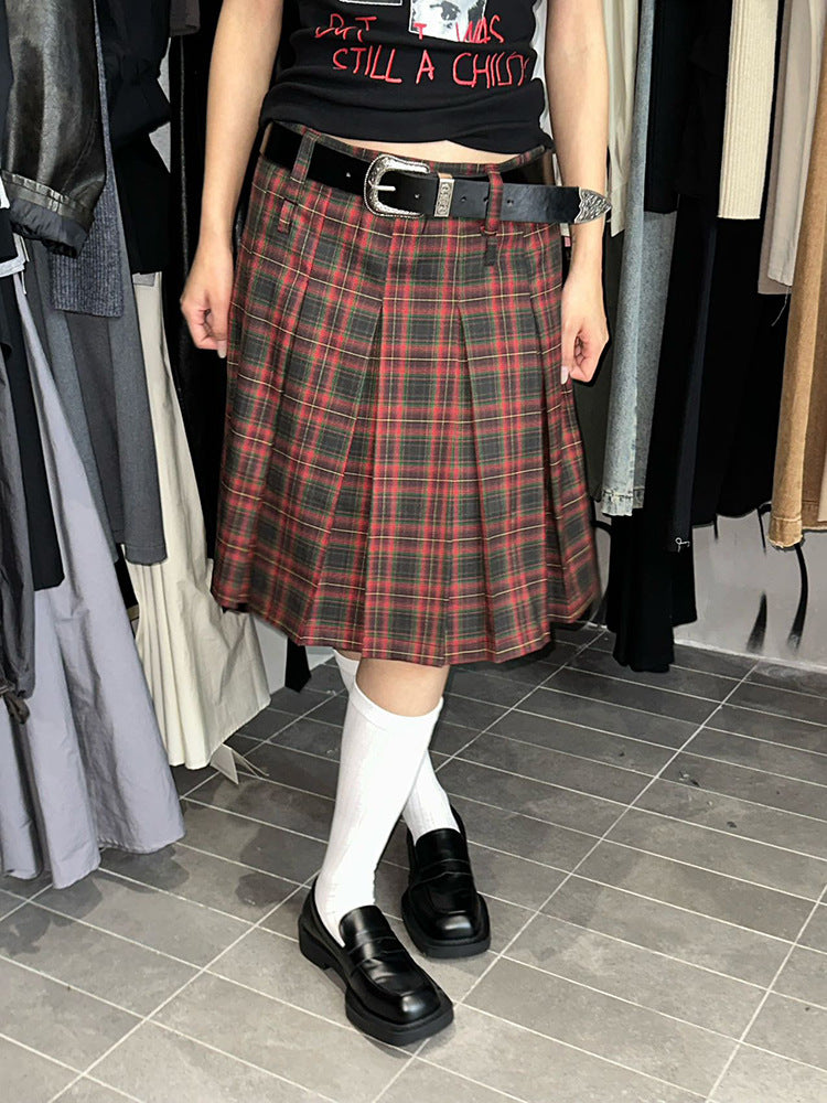 Checked mid pleated skirt