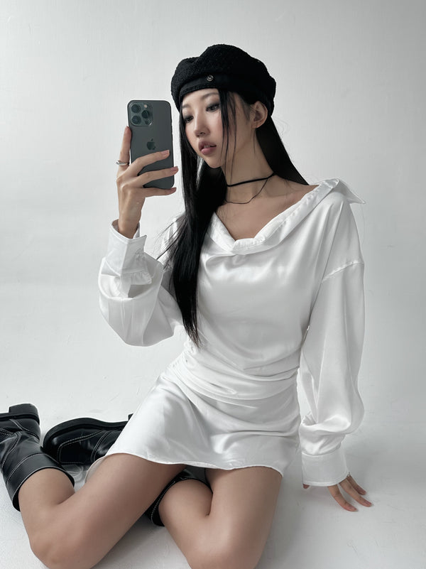 Silky shirring uncut shirt dress