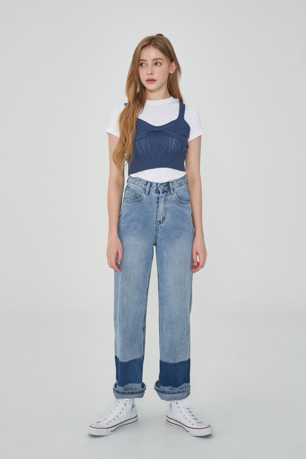 TWO TONE MIXED ROLL UP DENIM PANTS [6605]