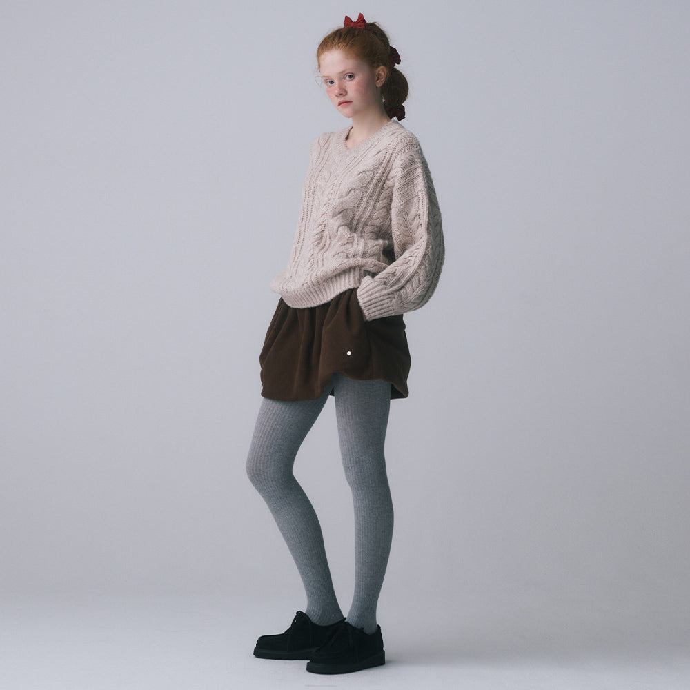 V-NECK CABLE KNIT PULLOVER, BEIGE