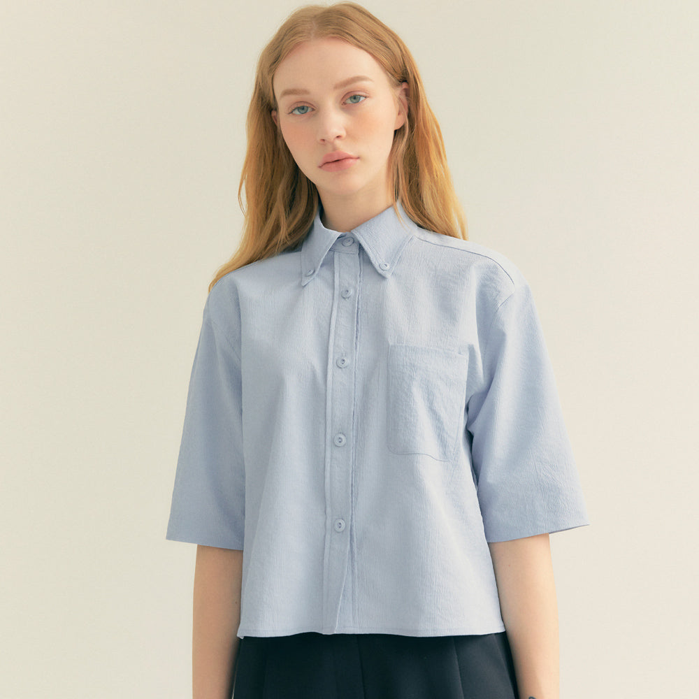 Stripe Wrinkle Pocket Crop Shirt (Light blue)