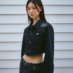 DAMAGE DENIM CROP JACKET BLACK