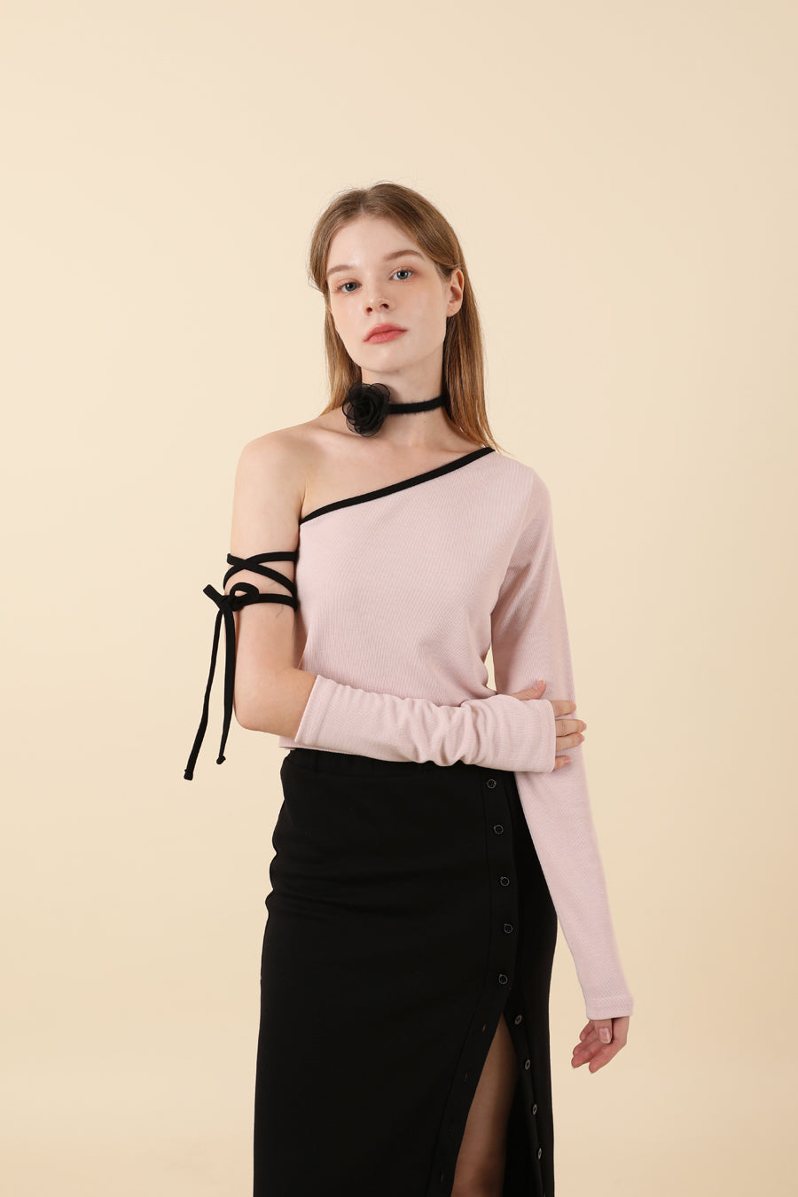 Strap Off Shoulder Warmer T-shirt Pink