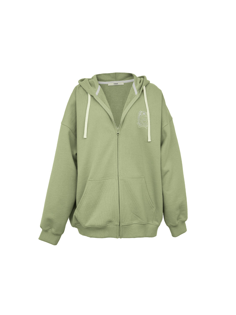 HEAVY WEIGHT OVERFITTED UNIVERSITY LOGO EMBROIDERY HOODIE ZIP UP_ SAGE GREEN