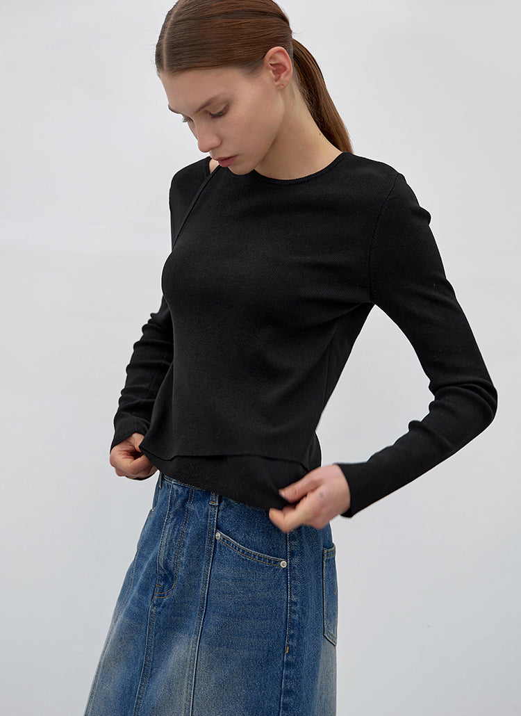 (T-6777)UNBALANCED CUTOUT SLIM KNIT