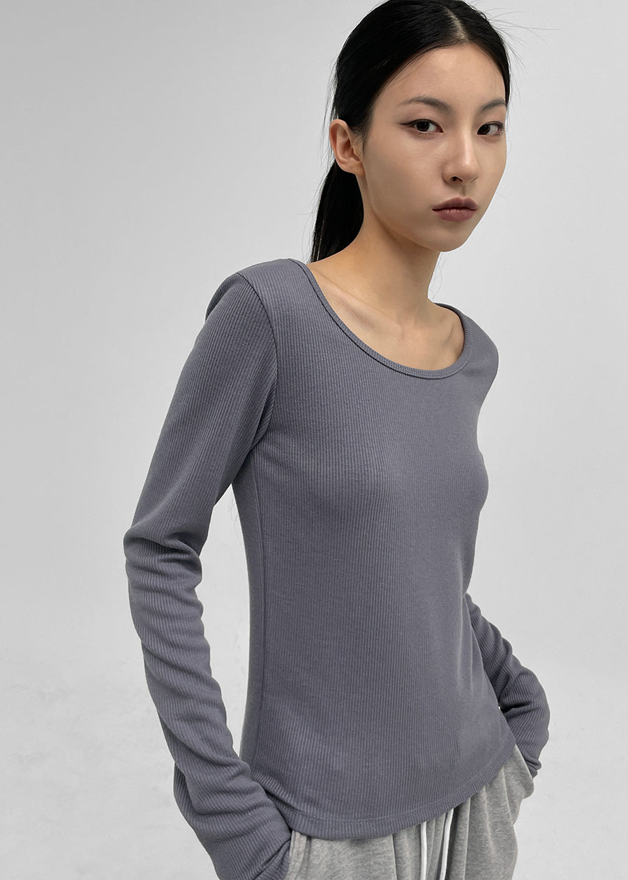 [MADE] Didelli U-Neck Ribbed Long Sleeve T-Shirt