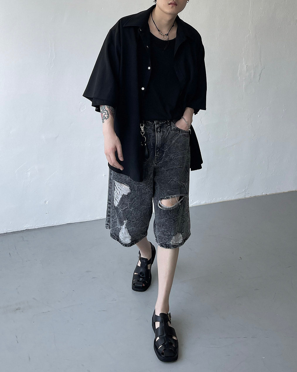 Pulse putty vintage denim Bermuda pants (Black)