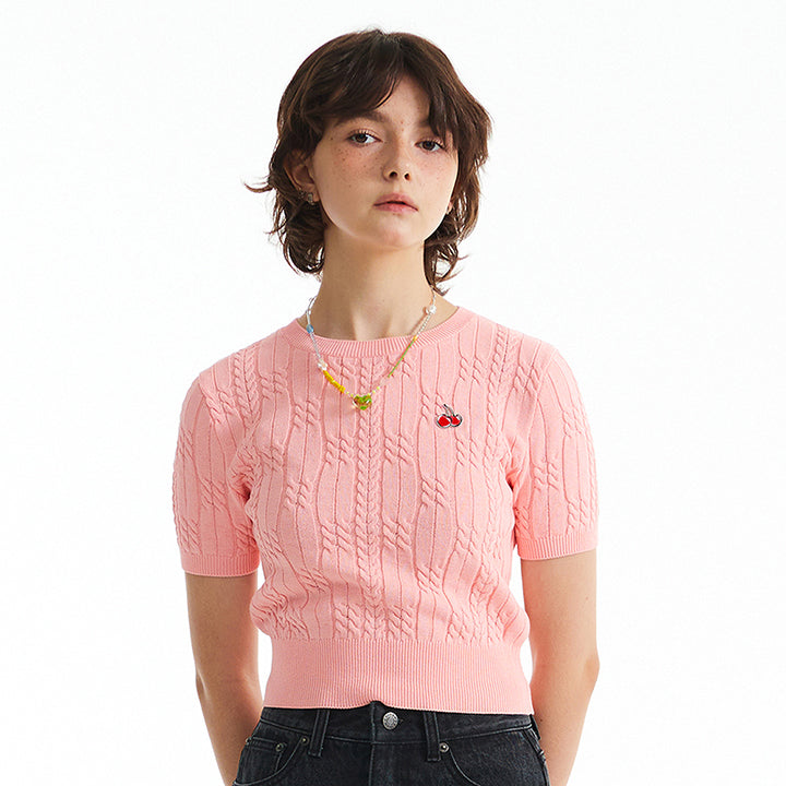 SMALL CHERRY CABLE CROP SHORT SLEEVE KNIT [SALMON PINK]