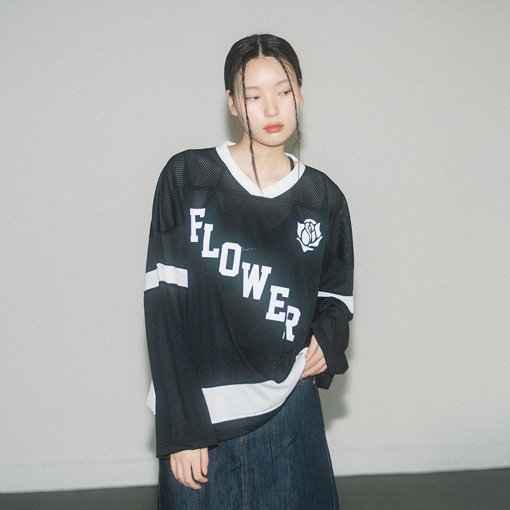 FLOWER AMERICAN FOOTBALL MESH L/S TEE(BLACK)