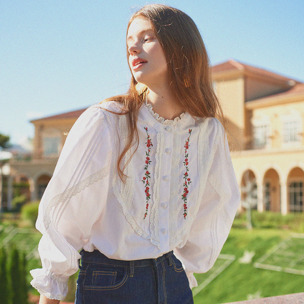 Red Flower Embroidered High Neck Blouse (Winter)