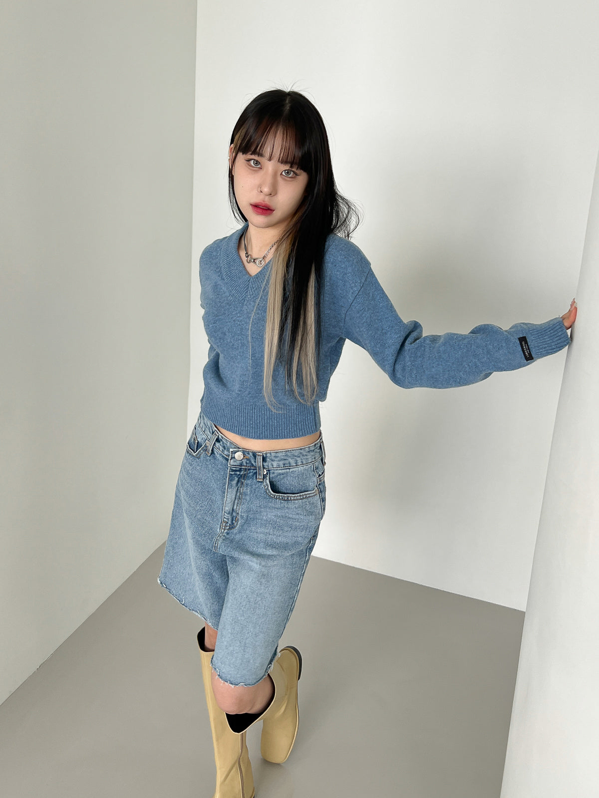 Wool V-neck Crop Knit (10color)