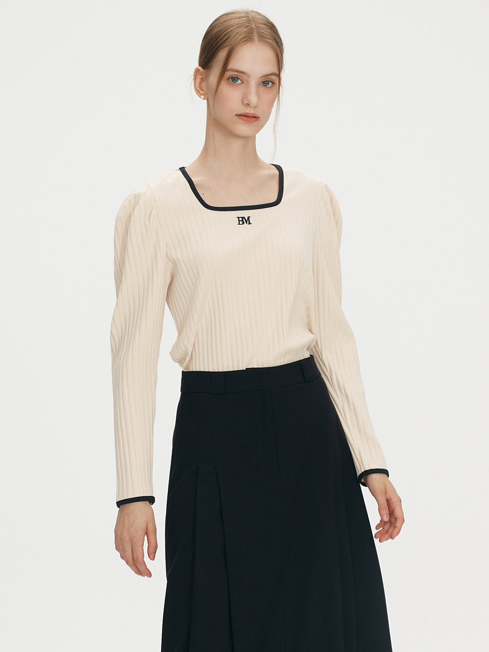 Square neck ribbed puff top - Cream