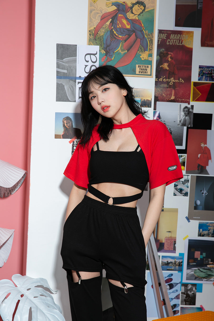 TOP(8607) CM Short Sleeve Shoulder Crop Tee