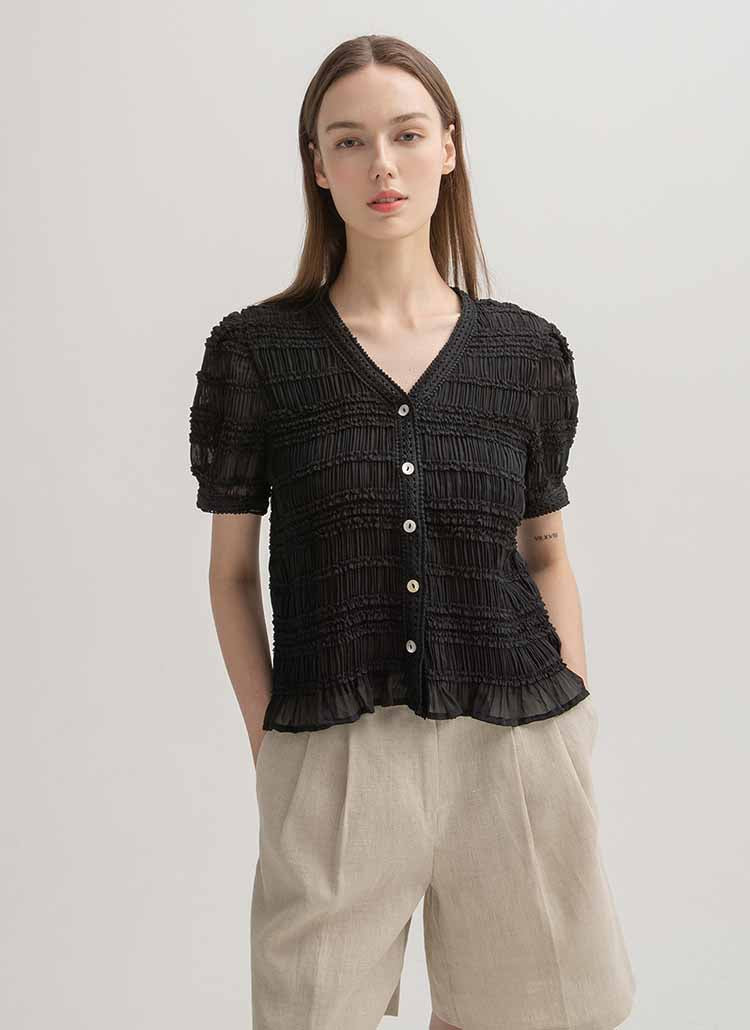 (R-BL-4021) Lace Pleated V-Neck Blouse