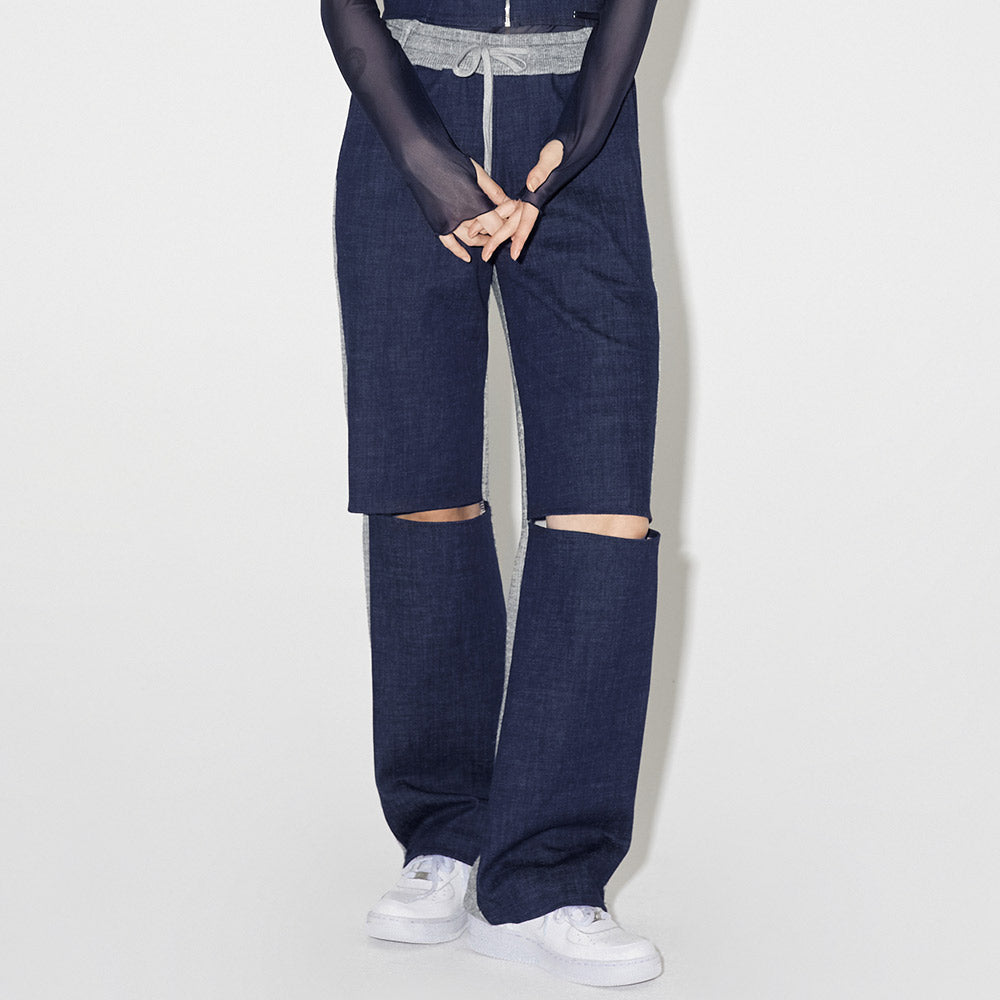 デニムニットブロッキングパンツ / Denim Knit Blocking Pants [BLUE]