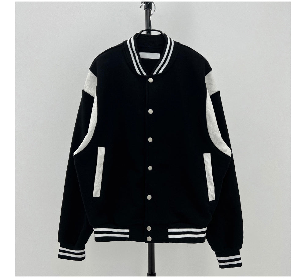 [UNISEX] Varsity stadium leather point jacket (Black)