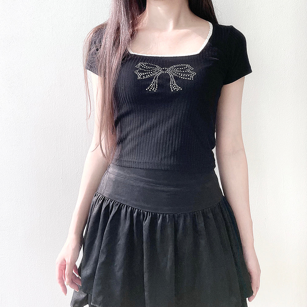 Shine Ribbon Cubic Lace T-Shirt (Black)