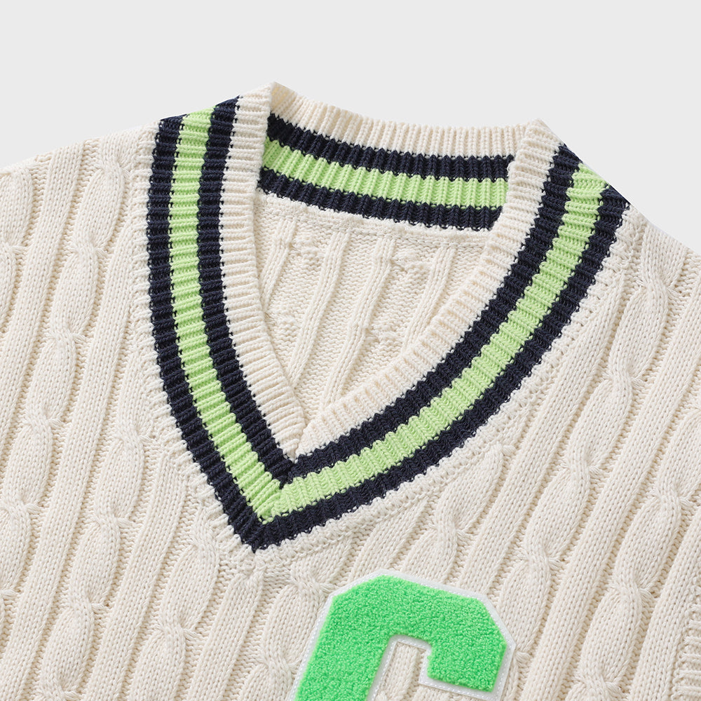 Light Green C Patch V-neck Ivory Knitwear Vest