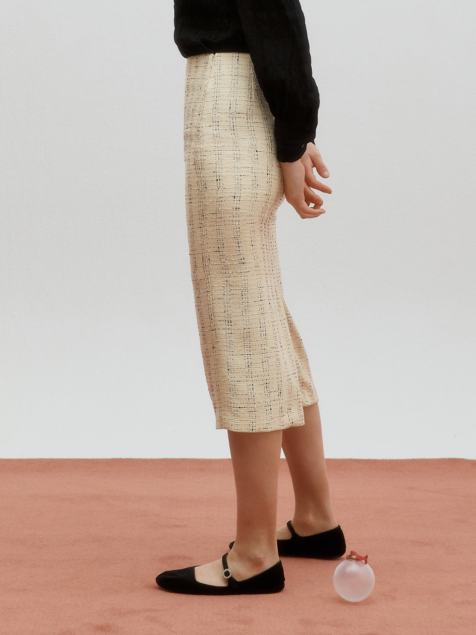 Tweed back slit skirt - Custard yellow