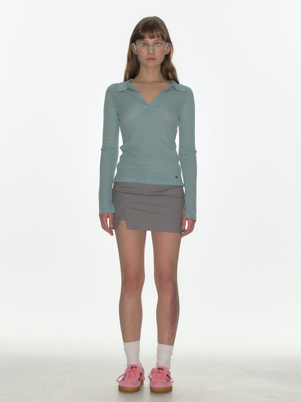 SHEER COLLARED TOP_BLUE GREEN