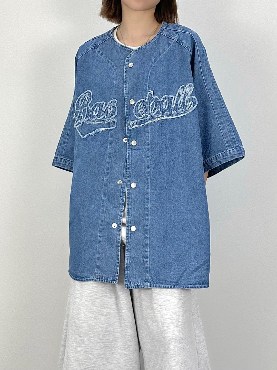 Baseball denim short-sleeved shirt