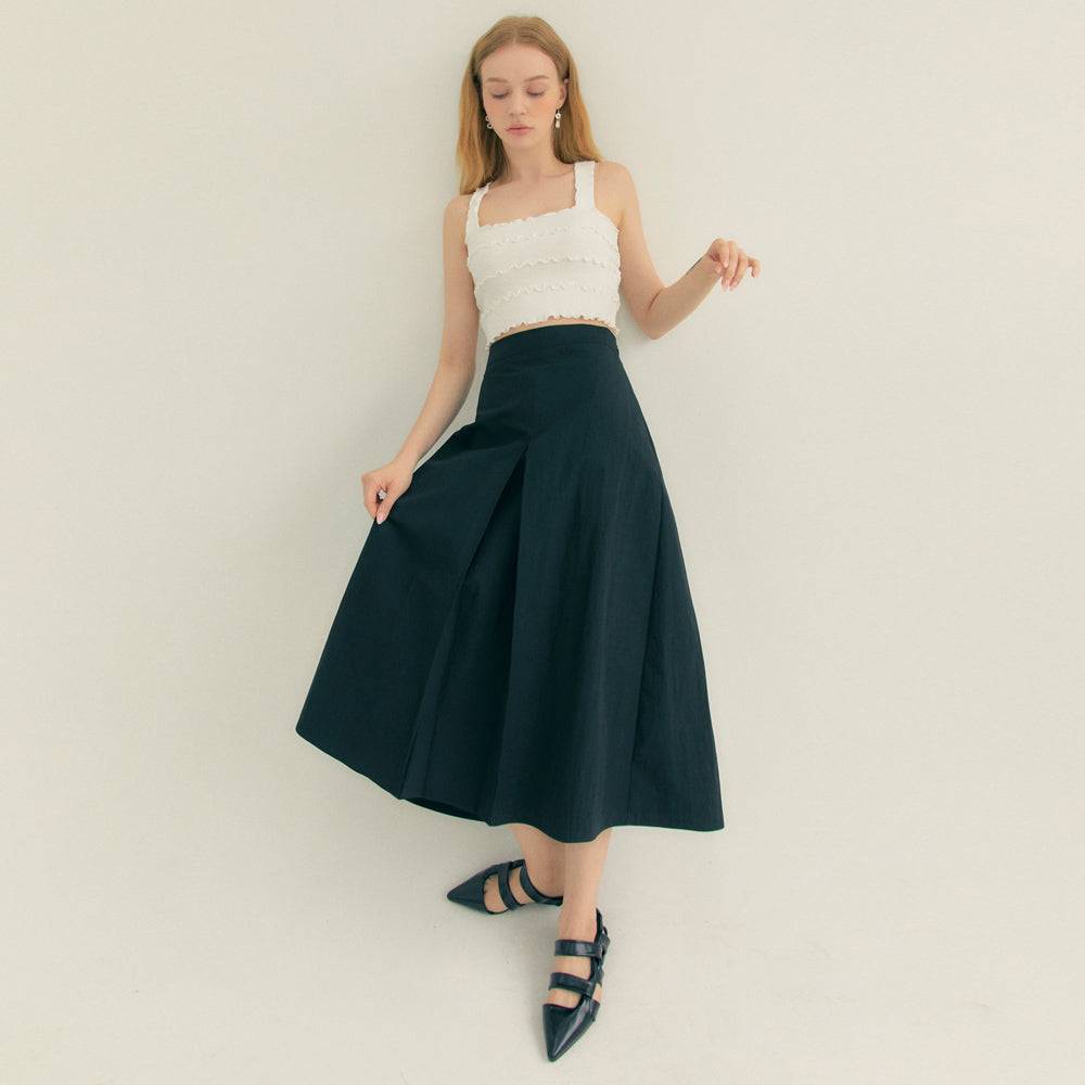 Cotton Pleats A-Line Long Skirt (Black)