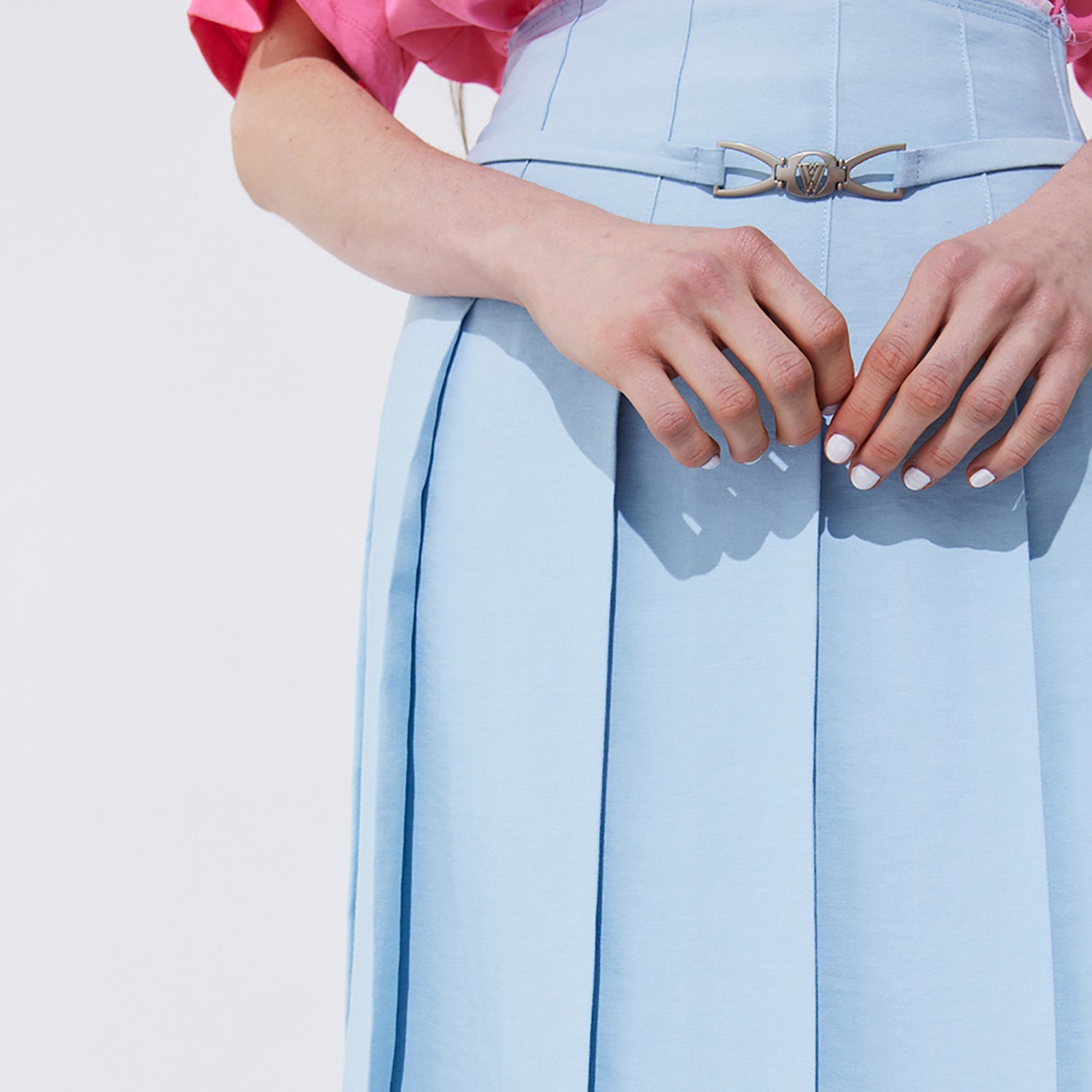 Raw-cut Pleats Skirt_Light Blue