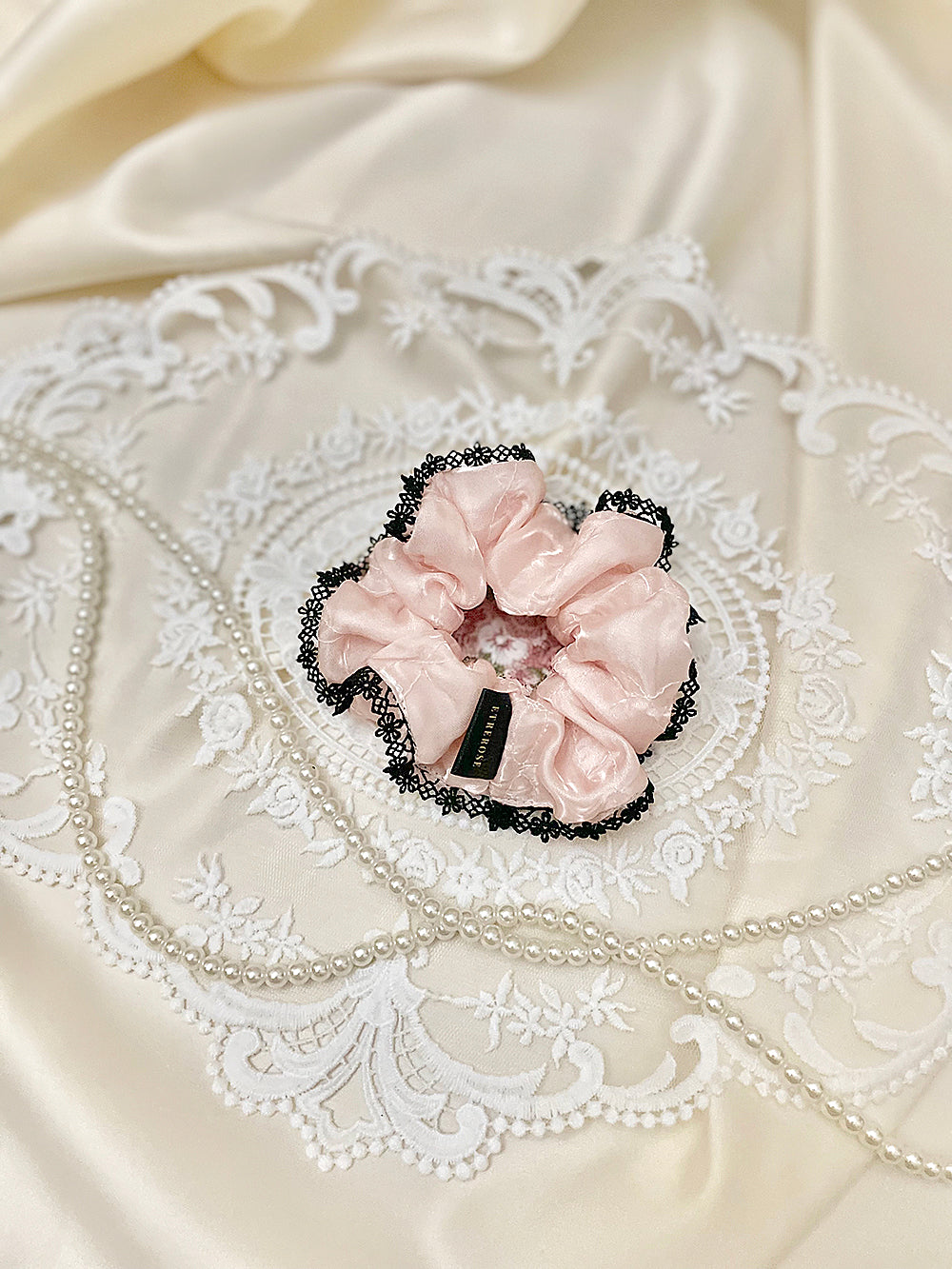 Glossy Organza Lace Satin Hair Scrunchie (S)