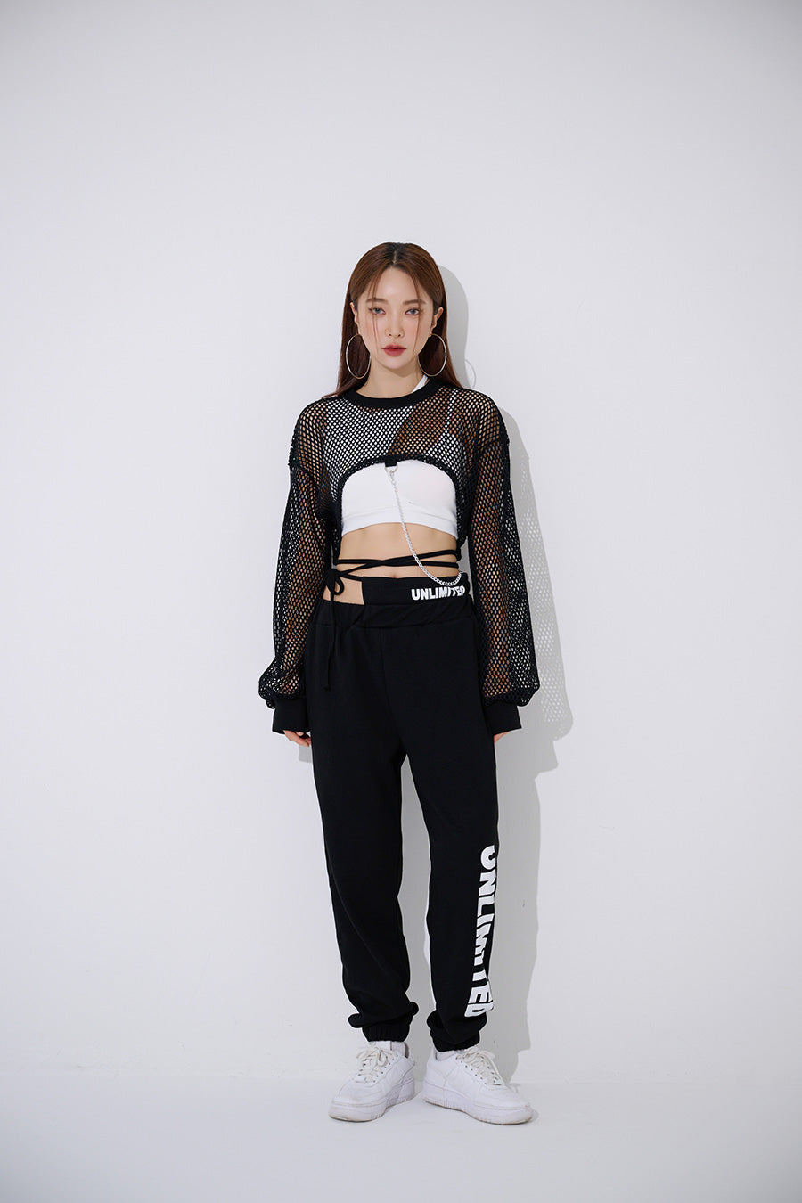 TOP(9368) Mesh Cross Crop Sweatshirt