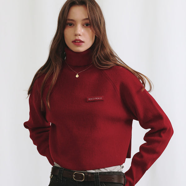 Turtle Neck Crop Knit Top [RED]