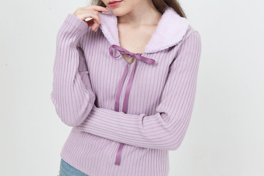 fur collar knit t-shirt purple