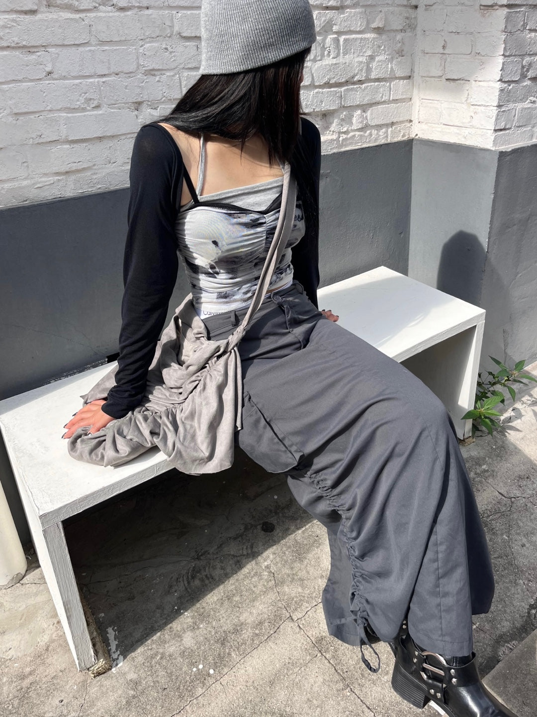 :Cargo shirring detail back slit long skirt