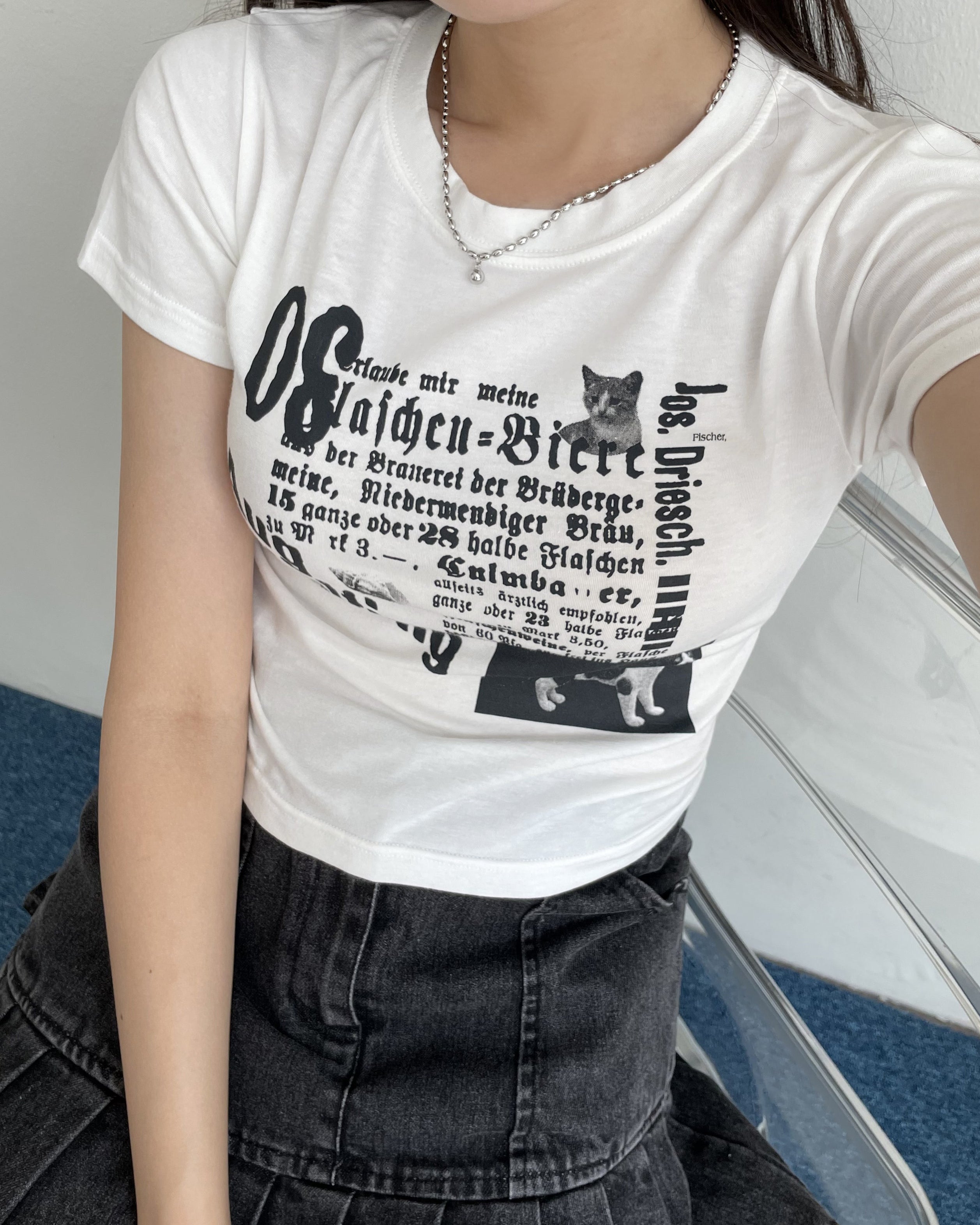 [MADE] Neko Vintage Cat Print Crop Short Sleeve T-shirt