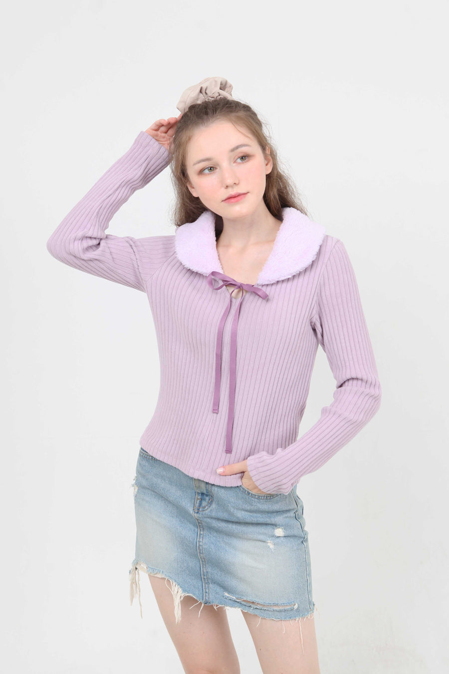 fur collar knit t-shirt purple