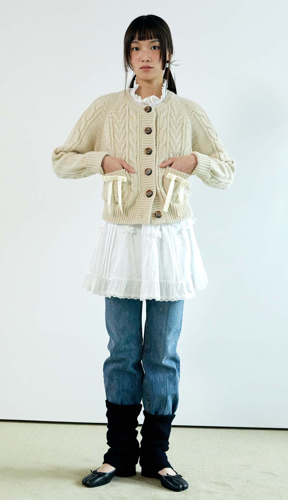 ribbon wool cable cardigan_ivory