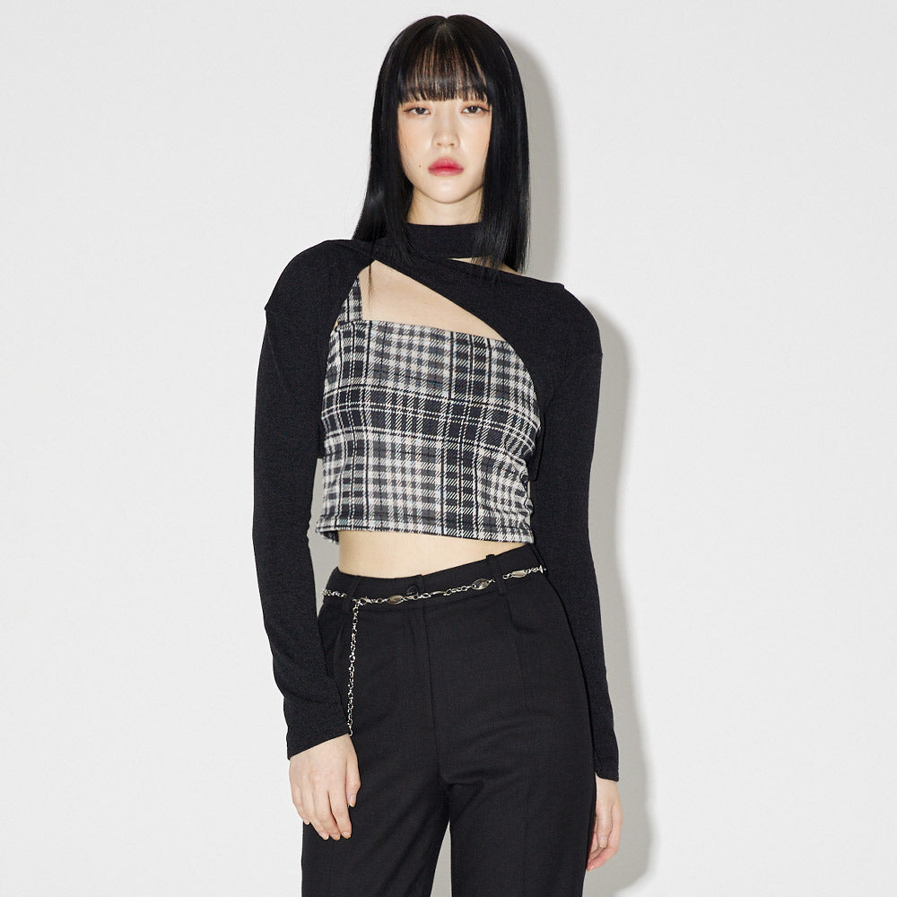 レイヤードチェックニットセット / Layered Check Knit Set [BLACK]